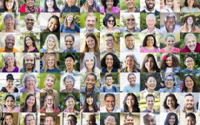 A diverse collection of human portraits, all are positive or smiling, laughing.
