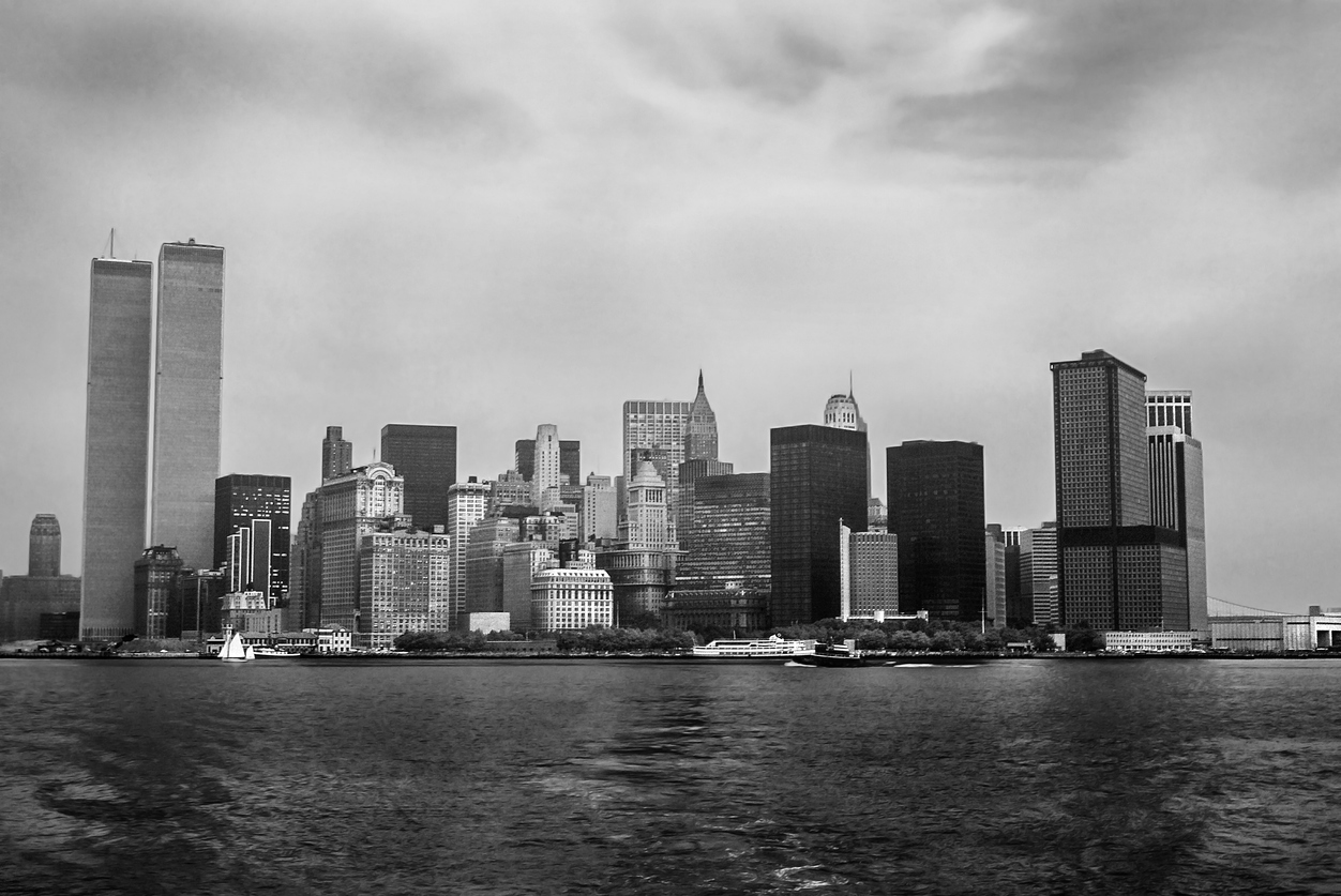 A photo of the NYC skyline, including the Twin Towers. 